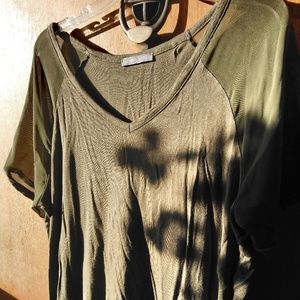 Loveappella Olive Green Shirt with Sheer Shoulders